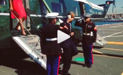 Obama Salutes Air Force One with Coffee Cup in Hand