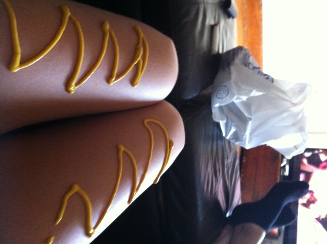 hot dog legs with mustard