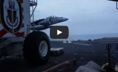 AV-8B no gear landing on USS Bataan