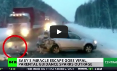 Baby's miracle escape goes viral after car crash on snowy Russian road