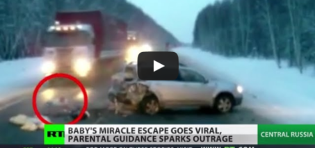 Baby's miracle escape goes viral after car crash on snowy Russian road