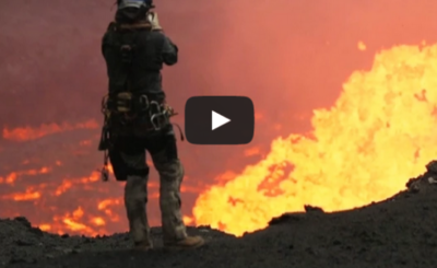 drones fly over volcano