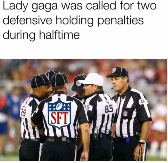 lady gaga was galled for two defensive holding penalties during halftime